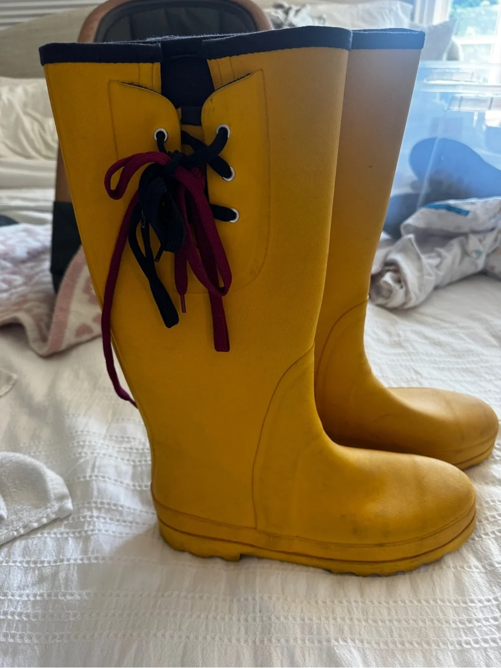 J. Crew Yellow Rain Boots with Black Trim and Burgundy Laces
